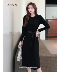 ミディアム | ワンピース 無地 きれいめ 30代 40代 50代 着やせ 上品 大きいサイズ ミモレ丈 長袖 春夏秋冬 丸首 ミモレ丈 ひざ丈 長袖 パフスリーブ