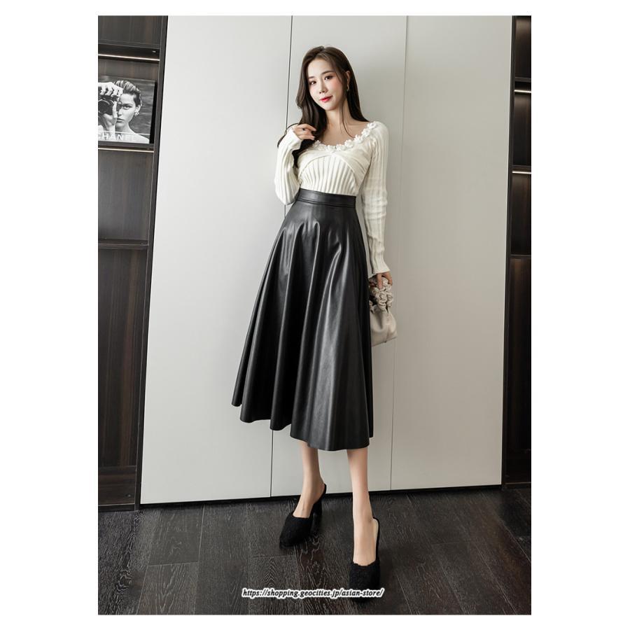 スカート | レディース 合皮 ロングミモレ丈韓国ファッション 脚長 かわいい おしゃれ 秋冬 おしゃれ レザーセクシー キレイめ