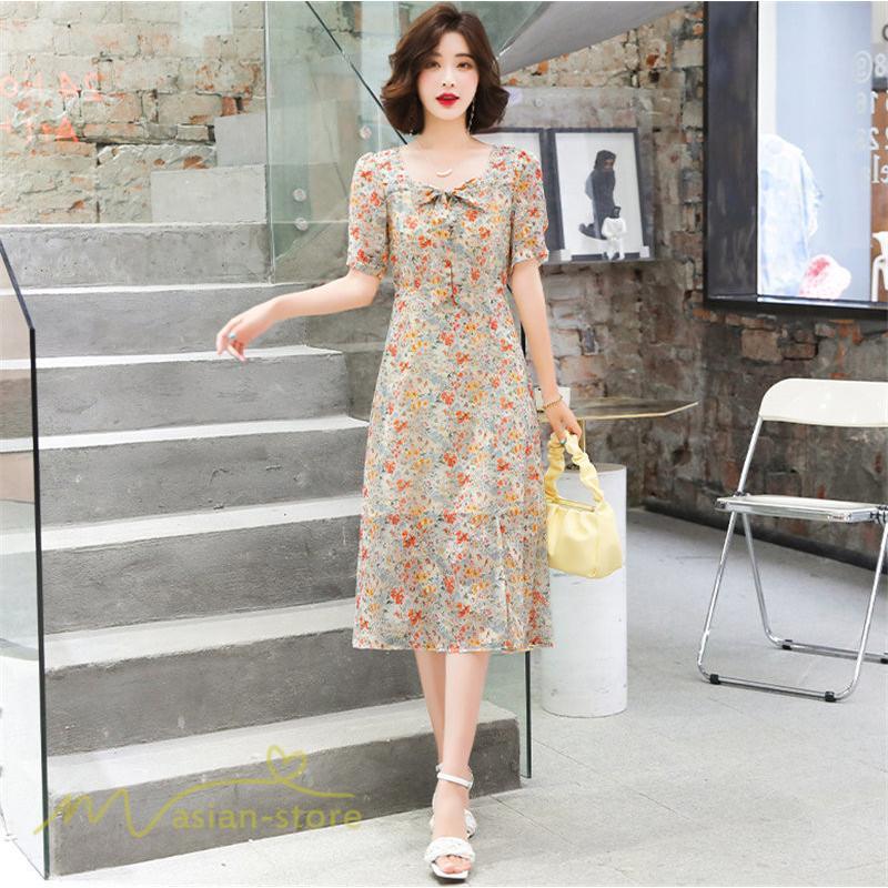 ミディアム | ワンピース Aライン レディース サマーワンピース 花柄 フレア 上品 シフォン 薄手 夏 新作 カジュアル 大人 着痩せ 裾口スリット 上品 おでかえk きれいめ