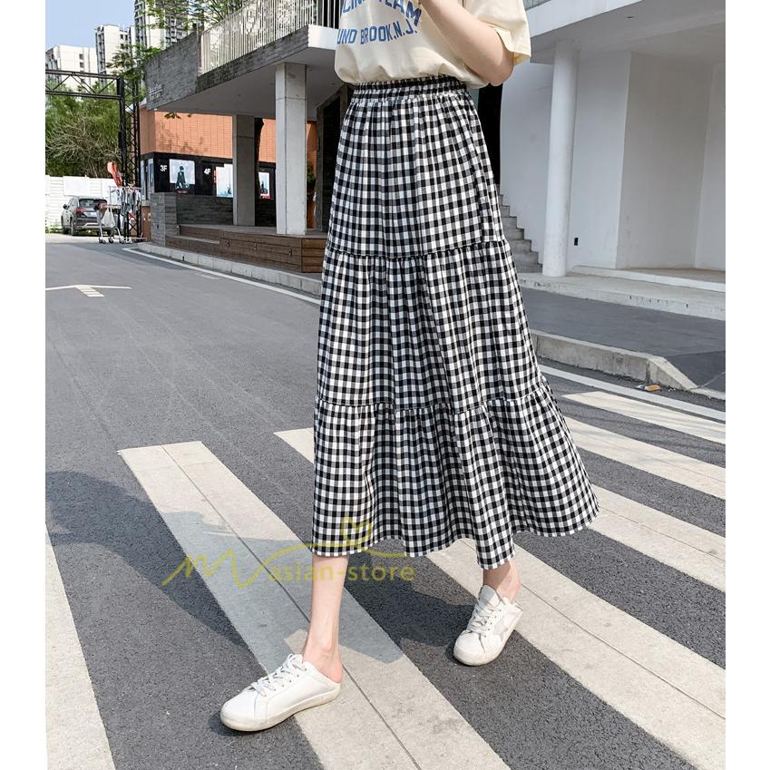 スカート | チェック柄 ロング丈 フレア ボトムス レディース おすすめ おしゃれ ブラック フリーサイズ カジュアル お出かけ 通勤通学 着痩せ 20代30代40代50代