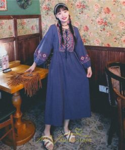 マキシ | ワンピース レディース 刺繍 綿麻 レトロ調 インスタ映え ナチュラル エスニック風 民族風 ボヘミアン 撮影 リゾート 柔らかい ウエストリボン長袖 イベント