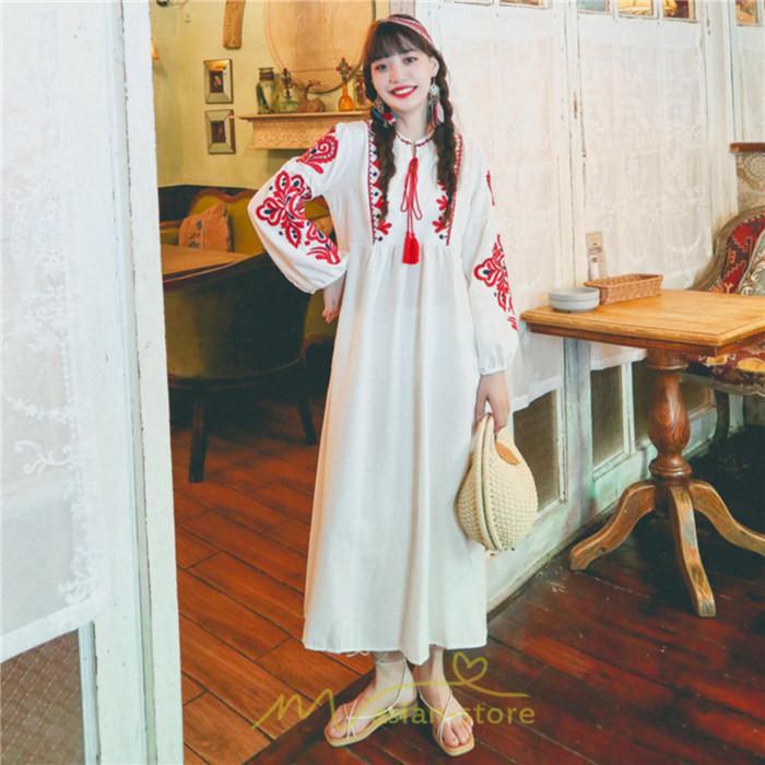 マキシ | 花柄ワンピース 丸首 リゾート ワンピース レディース 長袖 夏秋 ロング丈 マキシ丈 大人 上品 刺繍 綿麻 二次会 女子会 旅行 お出かけ コットン バカンス