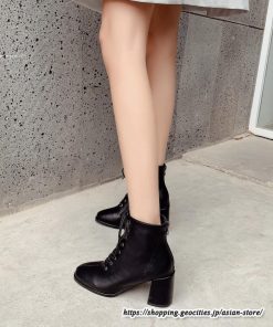 ショートブーツ | レディース 裏起毛なし 裏起毛あり スクエアトゥ ブーツ チャンキーヒール 太ヒール シューズ ハイヒール レースアップ 後ろファスナー 靴