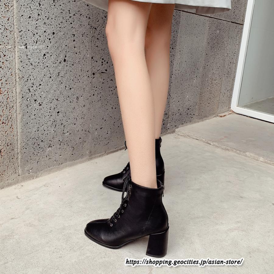 ショートブーツ | レディース 裏起毛なし 裏起毛あり スクエアトゥ ブーツ チャンキーヒール 太ヒール シューズ ハイヒール レースアップ 後ろファスナー 靴