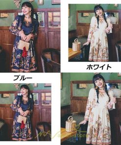 ミニ丈 | ワンピース ひざ丈 膝上 白 青 レトロ風 花柄 かわいい 着映え 着痩せ 長袖 ゆったり 大人っぽ 普段使い 旅行 きれいめ リゾート お出かけ 部屋着  SNS映え