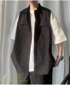 シャツ | ライトアウター メンズ ワイドカジュアル 切り替え トップス ゆったり 5分袖 韓国風 カッコウイイ ゆる夏コーデ オーバーサイズ 大きいサイズ