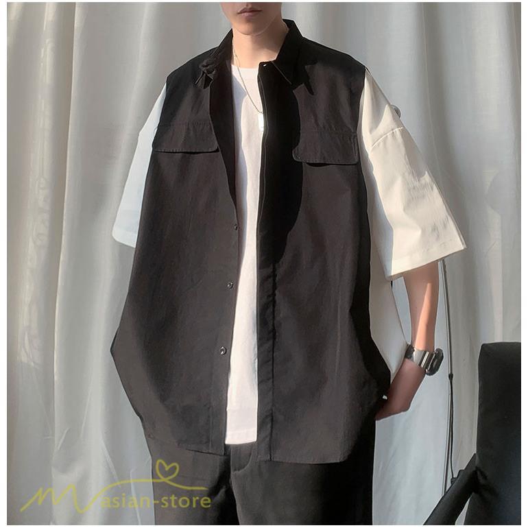 シャツ | ライトアウター メンズ ワイドカジュアル 切り替え トップス ゆったり 5分袖 韓国風 カッコウイイ ゆる夏コーデ オーバーサイズ 大きいサイズ