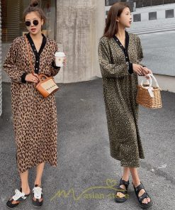 マキシ | レオパードワンピース 秋 レディース ヒョウ柄 Vネック ワンピース ロングワンピース 長袖ワンピース 大人 ゆったり 裾スリット 秋冬 30代40代50代 大きいサイズ