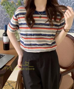 ｔシャツ・カットソー | Tシャツ レディース 40代 春夏 オシャレブラウス 韓国風 チュニック 半袖Tシャツ ストライプ柄 通勤通学 カジュアル アウター ゆったり 着痩せ お出かけ 丸首