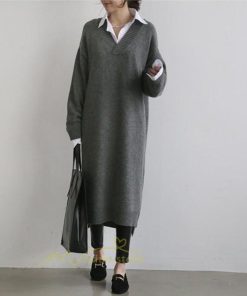 在庫ある | 短納期ロングニットワンピース ロングワンピ カットソー 長袖 トップス Vネック ゆったりセーターニット 体型カバー 通学通勤 OL ストレートニットワンピ