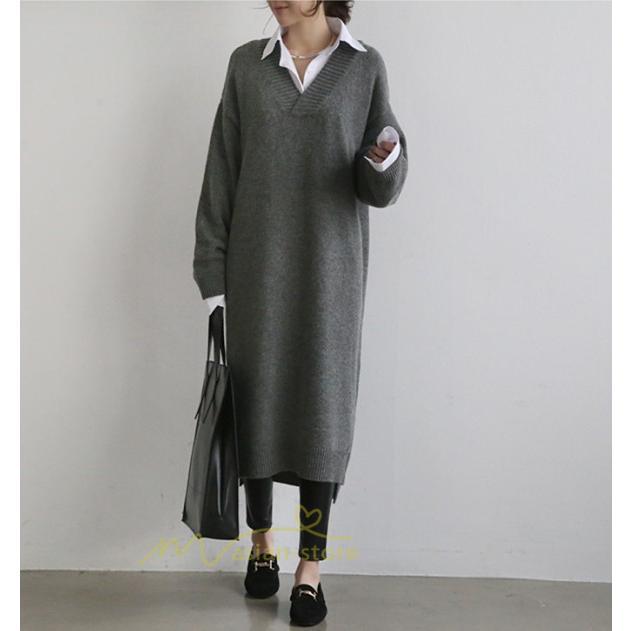 在庫ある | 短納期ロングニットワンピース ロングワンピ カットソー 長袖 トップス Vネック ゆったりセーターニット 体型カバー 通学通勤 OL ストレートニットワンピ