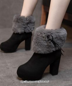 ブーツ | ショートレディース 10cmハイヒール ファー 冬用 保温防寒 太めヒール サイドジッパー スエード調 痛くない 冬靴 オシャレ 歩きやすい 痛くない