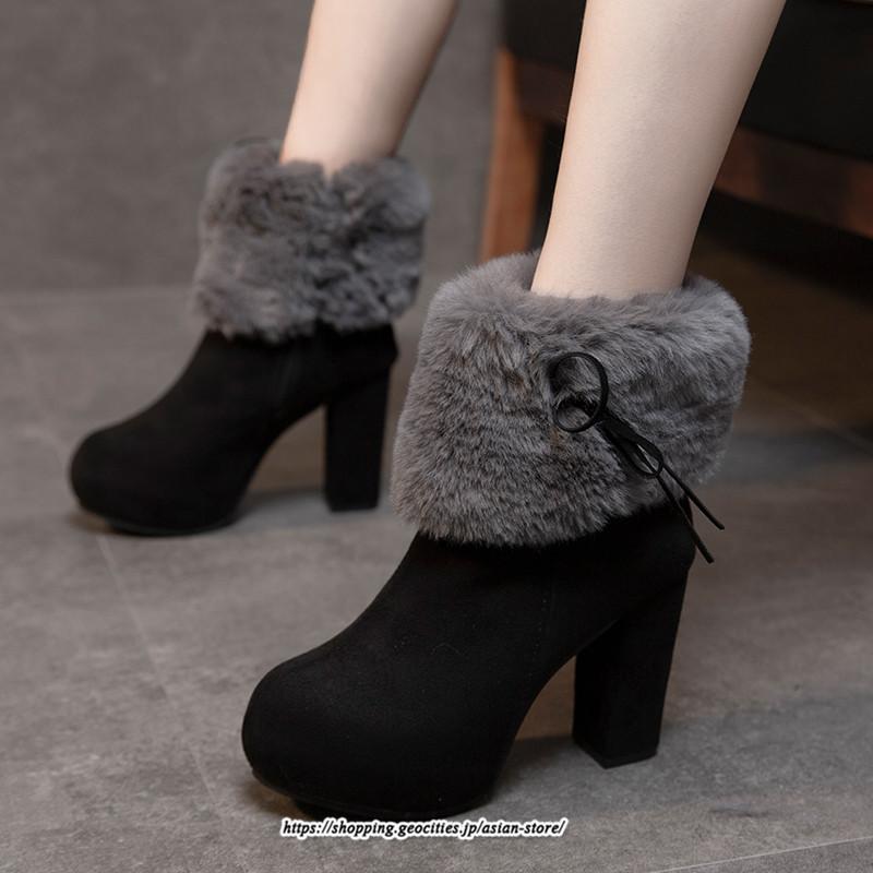 ブーツ | ショートレディース 10cmハイヒール ファー 冬用 保温防寒 太めヒール サイドジッパー スエード調 痛くない 冬靴 オシャレ 歩きやすい 痛くない