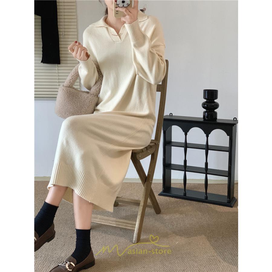 ニットワンピース | ワンピース 春 春服 レディース 長袖 ゆったり vネック 着痩せ 可愛い おしゃれ 大人フェミニン 女子会 通勤 デート お出かけ 秋冬