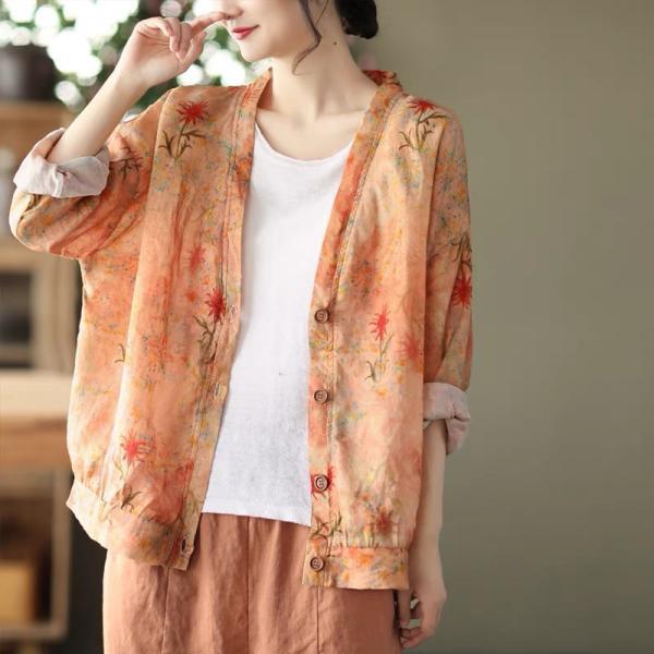カーディガン | 麻混 レディース 花柄 初秋 リネン カジュアル Vネック 長袖 羽織 きれいめ 春 夏 秋 薄手 おしゃれ 40代50代 ゆったり 20代30代 大きいサイズ