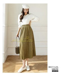 スカート | プリーツロングミモレ丈 ビロードAラインウエストゴム ハイウエスト 秋冬 無地 ゆったり 通学通勤 大人