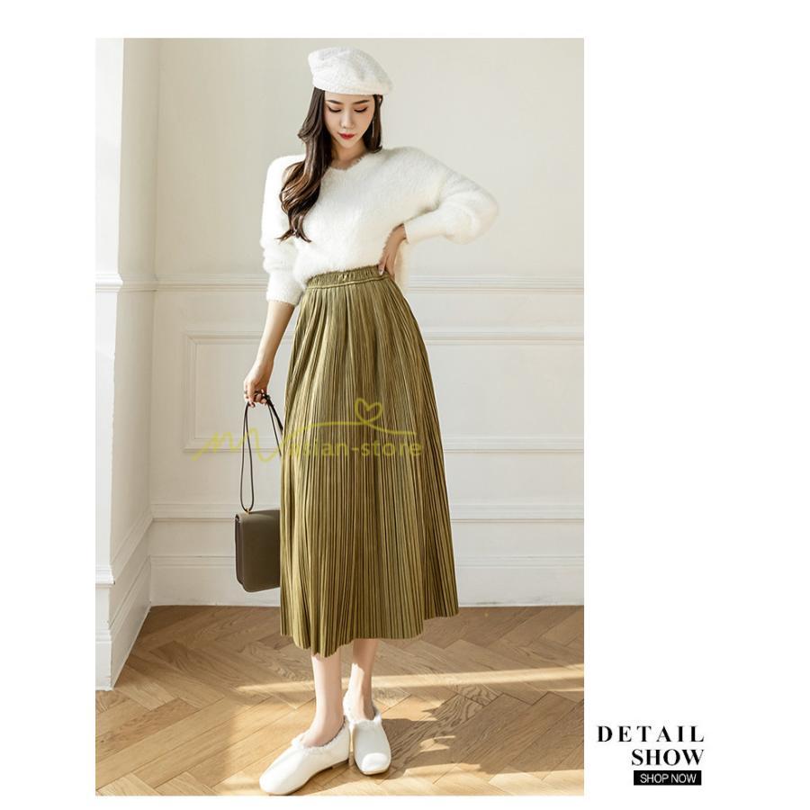 スカート | プリーツロングミモレ丈 ビロードAラインウエストゴム ハイウエスト 秋冬 無地 ゆったり 通学通勤 大人