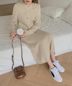 ニットワンピース | ワンピース 秋冬 リブニット ロングワンピース ミモレ丈 無地 フード付き 帽子 ストレッチ 大人 長袖 セーター 50代 20代30代 アウター 大人