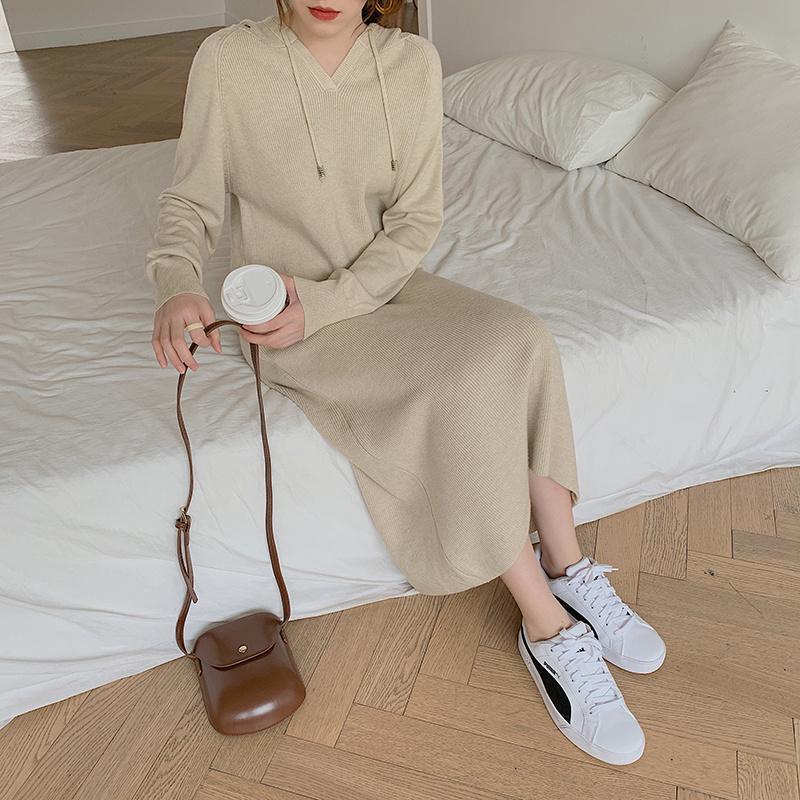 ニットワンピース | ワンピース 秋冬 リブニット ロングワンピース ミモレ丈 無地 フード付き 帽子 ストレッチ 大人 長袖 セーター 50代 20代30代 アウター 大人