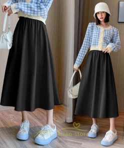 スカート | Pu秋冬 合皮ロングウエストゴム Aラインゆったり 体型カバー ハイウエスト 大人 無地 通学通勤 フレア 広い幅 可愛い