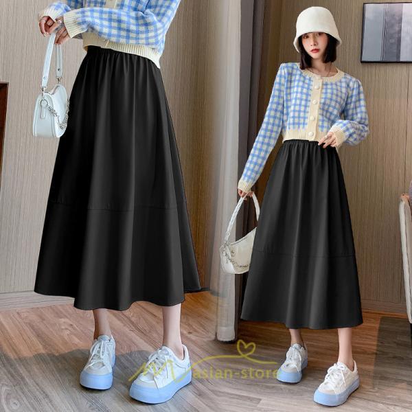 スカート | Pu秋冬 合皮ロングウエストゴム Aラインゆったり 体型カバー ハイウエスト 大人 無地 通学通勤 フレア 広い幅 可愛い
