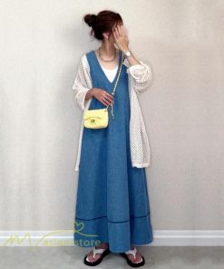 マキシ | ロングワンピース ノースリーブ 夏物 デニムワンピース マキシワンピース Aラインワンピース Vネック 薄手 無地 可愛い Denim 大人 20代30代40代 ゆったり