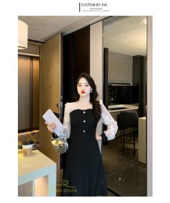 ミディアム | Aラインワンピース 切り替えワンピース 秋コーデ レディース 長袖 膝丈ワンピース 美ライン シルエット 無地 フォーマル 黒ワンピース お呼ばれ オフィス