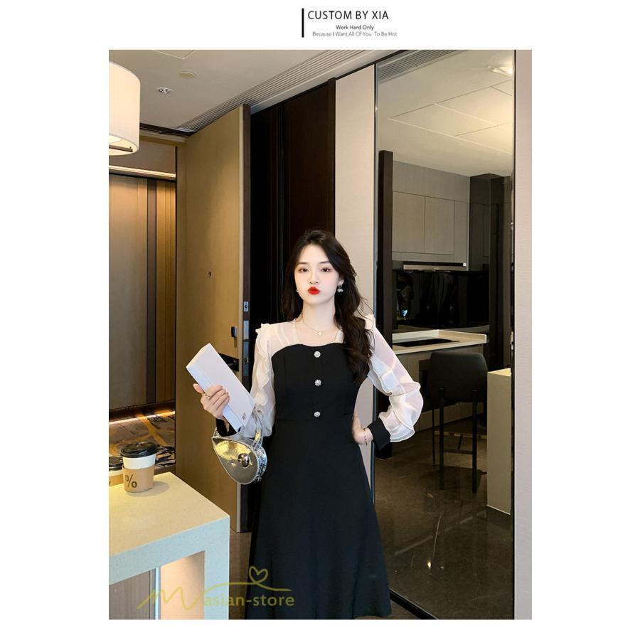 ミディアム | Aラインワンピース 切り替えワンピース 秋コーデ レディース 長袖 膝丈ワンピース 美ライン シルエット 無地 フォーマル 黒ワンピース お呼ばれ オフィス