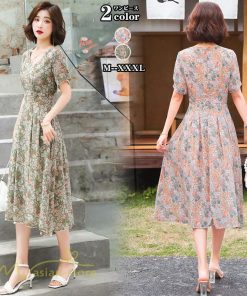 ミディアム | ワンピース Aライン レディース 着痩せ 上品 カジュアルワンピース 大きいサイズ きれいめ Vネック ひざ下丈 ミディアムワンピース お出かけ 通勤通学 30代40代
