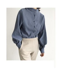 シャツ・ブラウス | シャツブラウス レディーストップス スタンドカラーブラウス 長袖ブラウス 無地シャツ バルーンスリーブ 春夏 リゾート ゆったり エレガント 通学通勤