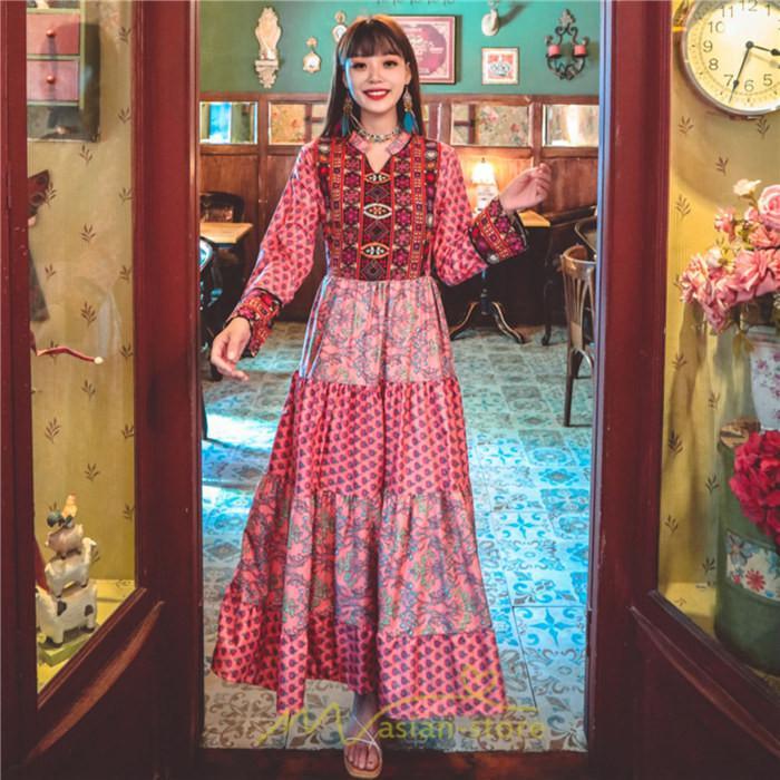 マキシ | ワンピース ロング 着やせ効果抜群 夏秋 長袖 他と被らない 刺繍 上品 きれいめ ロングワンピース マキシワンピ 舞台 演出 パーティー ダンス