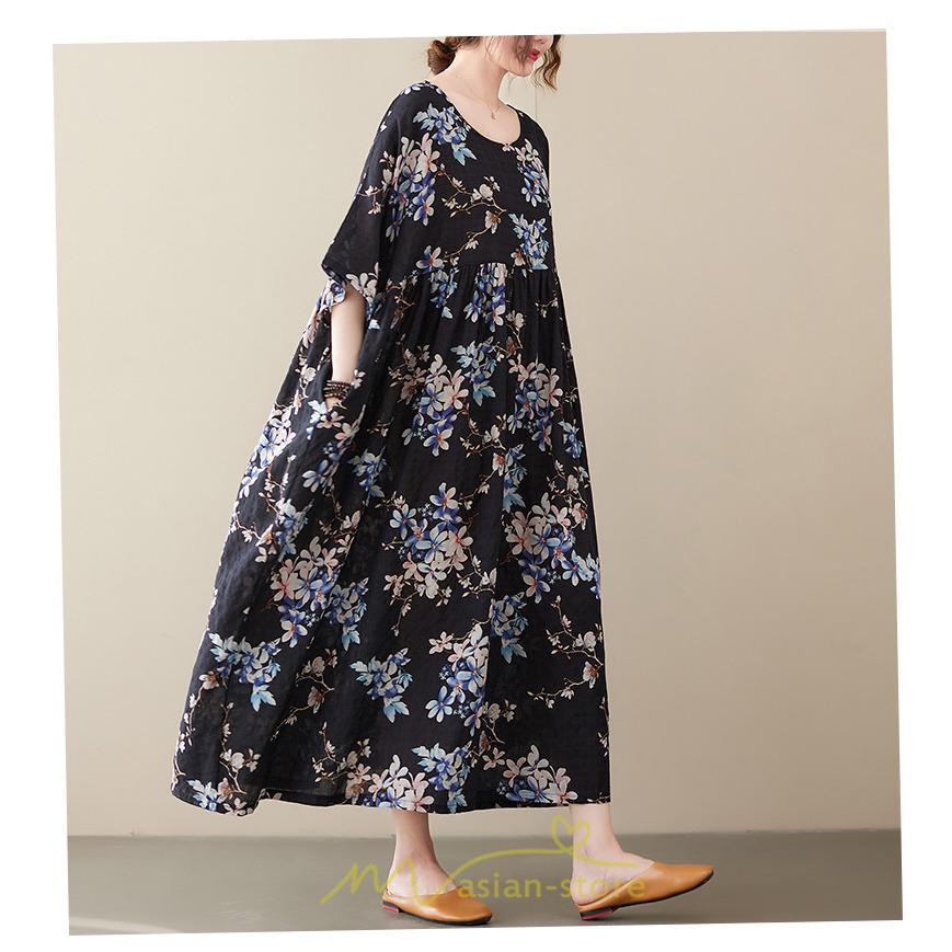 マキシ | マキシワンピース レディース リゾートワンピース 半袖 マキシワンピース ロングワンピース 春夏 黒 旅行用 着痩せ 丸首 体型カバー サイドポケット ぽっちゃり