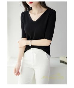 ｔシャツ・カットソー | サマーニット レディース Vネック トップス ニット 半袖 春服 春物 ニットチュニック 無地 きれいめ 春夏 黒 リブ 夏ニット 白 5分袖 涼し気