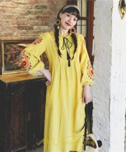 マキシ | ワンピース 夏秋 長袖 レディース ワンピ ロング 美シルエット ロングワンピ―ス 大人 花柄 刺繍 エスニック風 リゾート 綿麻 お出かけ リネン コットン 旅行