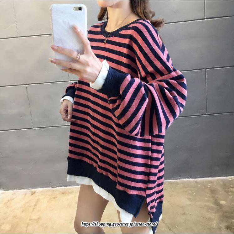 パーカー | 重ね着風トレーナー レディース 長袖 トップス カジュアル スウェット ボーダー柄 ゆったり トレーナー トップス 切り替え 可愛い きれいめ レイヤード風