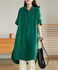 送料無料SALE | ワンピース 夏シャツ レディース 五分袖 シャツワンピース 綿麻 無地 プルオーバー 体型カバー ゆったり 大きめ 夏服 ポケット 30代40代 膝丈 おしゃれ 前後差
