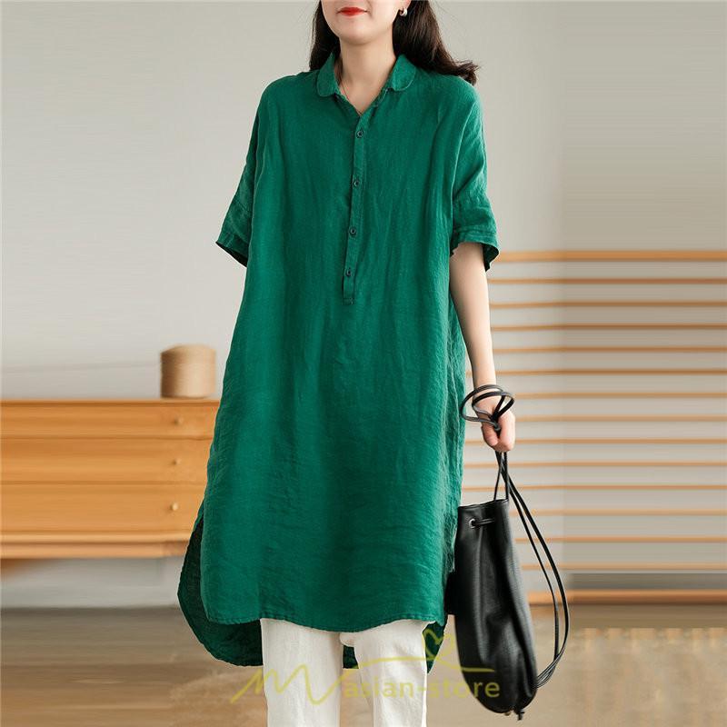 送料無料SALE | ワンピース 夏シャツ レディース 五分袖 シャツワンピース 綿麻 無地 プルオーバー 体型カバー ゆったり 大きめ 夏服 ポケット 30代40代 膝丈 おしゃれ 前後差