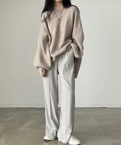 ニット・セーター | ニット レディース 秋冬 厚手 トップス セーター 秋服コーデ 長袖 パフスリーブ ボリューム感 スリット ゆったり 30代 上品 無地 大人 ニットセーター 大きめ