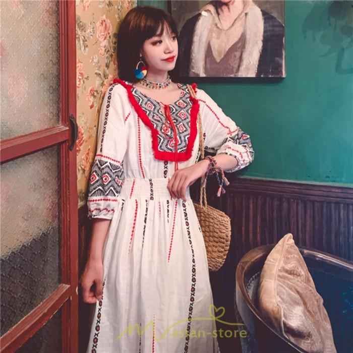 マキシ | ワンピース 夏 レディース リゾート きれいめ 夏ワンピ ファッション エスニック 幾何学柄 ウエストゴム レトロ サマーワンピース ロング 海外旅行 上品 夏服