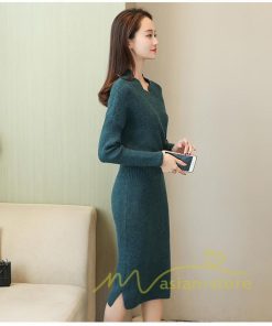 在庫ある | 短納期ニットワンピース 膝丈ワンピース タイトワンピース 長袖 インナー カットソー Vネック エレガント 着痩せ シルエット ビジネスオフィスフォーマル