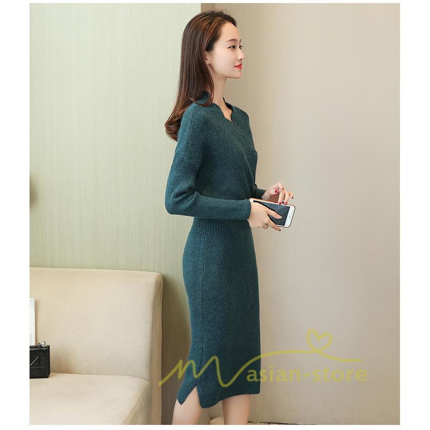 在庫ある | 短納期ニットワンピース 膝丈ワンピース タイトワンピース 長袖 インナー カットソー Vネック エレガント 着痩せ シルエット ビジネスオフィスフォーマル