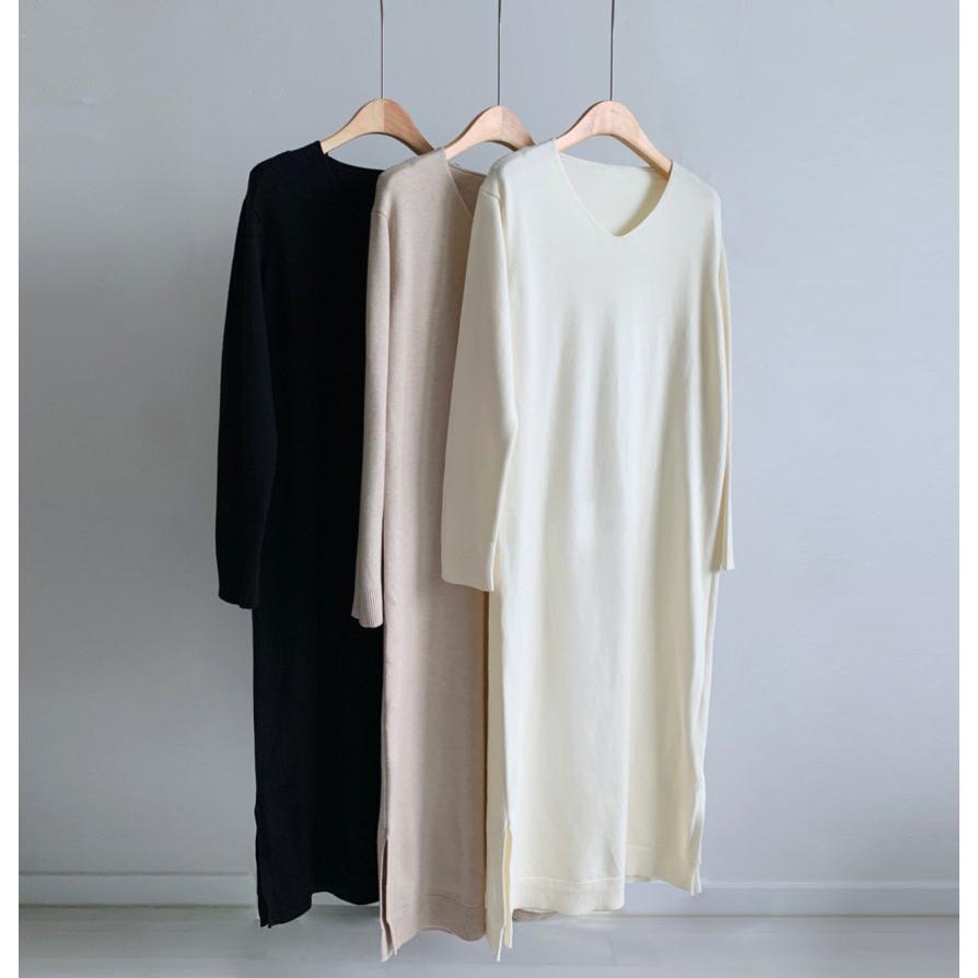 ニットワンピース | ワンピース 秋冬 ロングワンピース ミモレ丈 無地 ゆったり 体型カバー 柔らか 大人 長袖 20代30代 セーター Vネック アウター ニット 50代