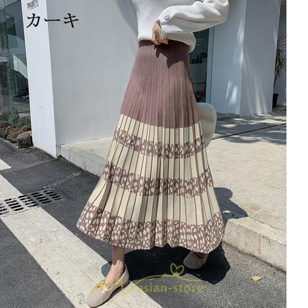 スカート | ロングウエストゴム プリーツ ロング丈 黒 グレー カーキ コーヒー レディース きれいめ 秋カジュアル 冬ニット 秋冬 オフィス