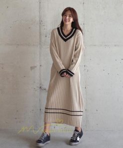 在庫ある | 短納期ロングニットワンピース ロングワンピ カットソー 長袖 トップス Vネック ゆったりセーターニット 体型カバー OL ストレートニットワンピ 通学通勤