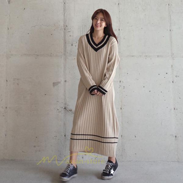 在庫ある | 短納期ロングニットワンピース ロングワンピ カットソー 長袖 トップス Vネック ゆったりセーターニット 体型カバー OL ストレートニットワンピ 通学通勤