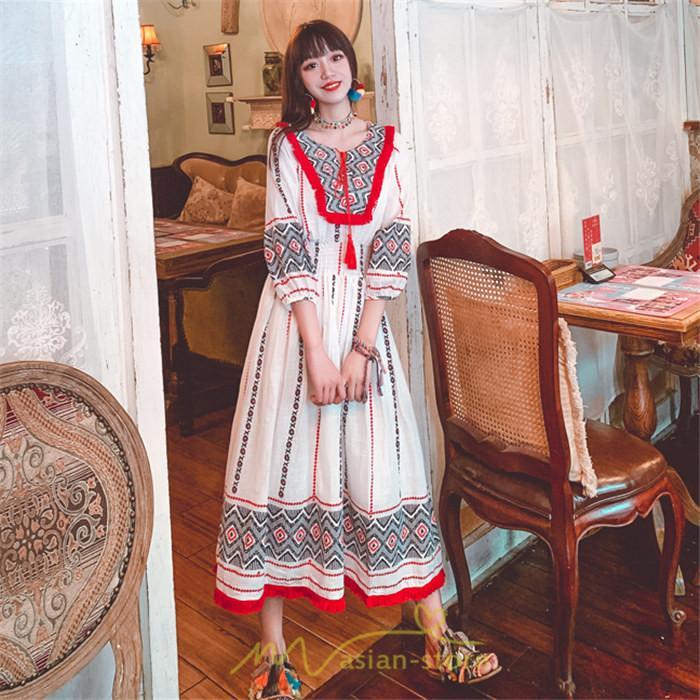 マキシ | ワンピース 夏 レディース リゾート きれいめ 夏ワンピ ファッション エスニック 幾何学柄 ウエストゴム レトロ サマーワンピース ロング 海外旅行 上品 夏服