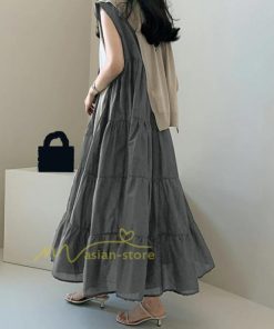 マキシ | ワンピース Aラインノースリーブマキシ丈ワンピース ビッグシルエット 無地 レディース ロング丈 体型カバー カジュアル 麻 綿 ゆったり 20代30代40代