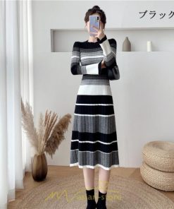 ニットワンピース | ワンピース レディース ニット ワンピース ニット チュニック ロング 長袖 着痩せ 秋冬 送料無料 ボーダー柄 2022新作 韓国風 秋冬コーデ 大人可愛い