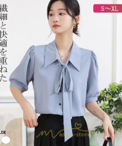 シャツ・ブラウス | シフォンブラウス 半袖 レディース シフォン ブラウス 白 青 フォーマル 開襟 服 バブルスリーブ 蝶結び 着痩せ 春 韓国風 通勤 おしゃれ 女性 上品 夏