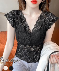 透かし編みトップス | 花柄 総レース トップス Vネック 透け感
